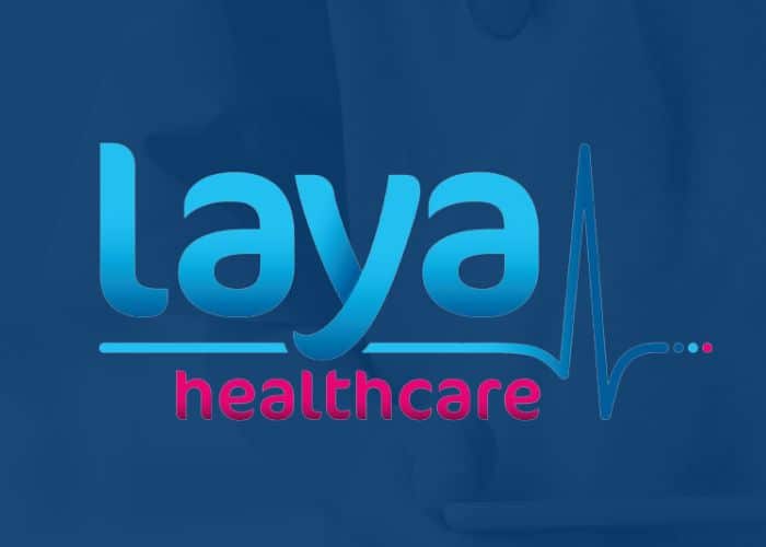 The image displays the logo of laya healthcare, which includes the company's name in stylized lowercase letters, accompanied by a graphic resembling a heartbeat on a monitor line, all set against a blue background. | FCE Scan